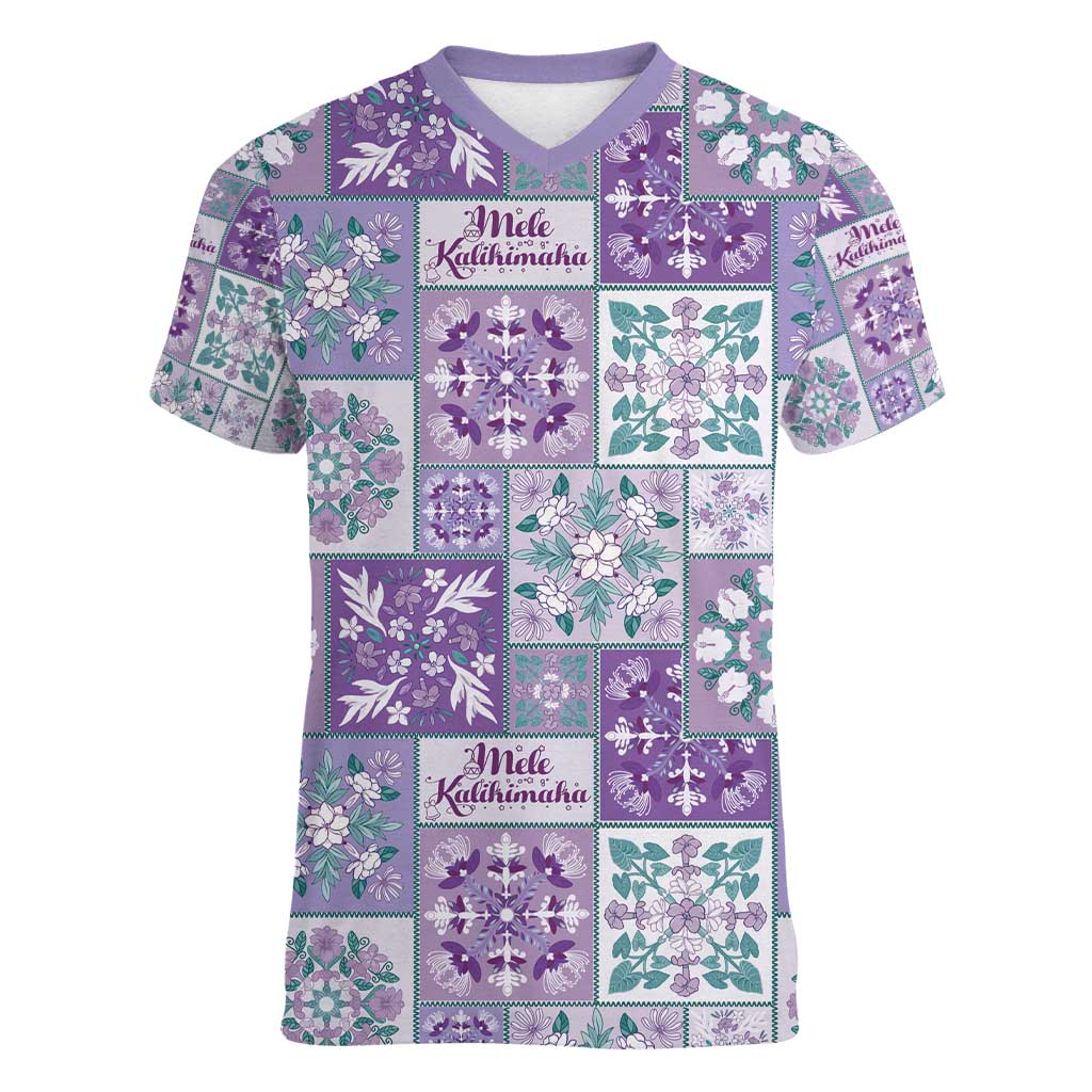 Mele Kalikimaka Hawaii Christmas Women V-Neck T-Shirt Poni Seamless Floral Motif LT9 Female Purple - Polynesian Pride