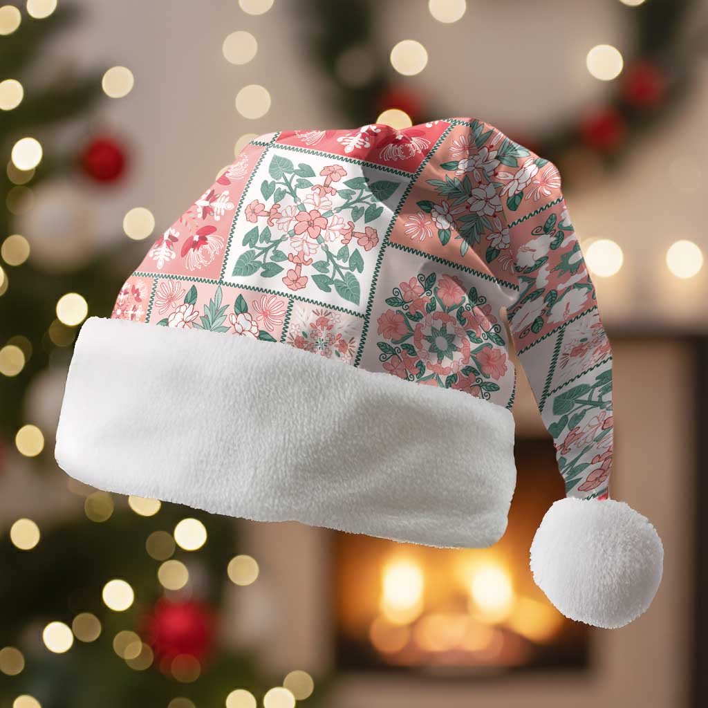 Mele Kalikimaka Hawaii Christmas Santa Hat Ulaula Seamless Floral Motif - Polynesian Pride