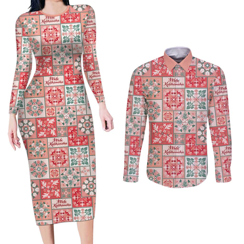 Mele Kalikimaka Hawaii Christmas Couples Matching Long Sleeve Bodycon Dress and Long Sleeve Button Shirt Ulaula Seamless Floral Motif LT9 Red - Polynesian Pride
