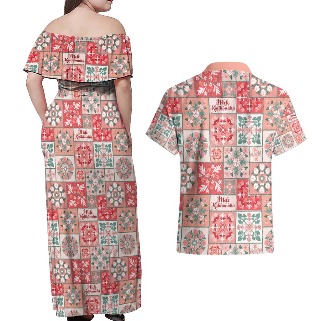 Mele Kalikimaka Hawaii Christmas Couples Matching Off Shoulder Maxi Dress and Hawaiian Shirt Ulaula Seamless Floral Motif LT9 - Polynesian Pride