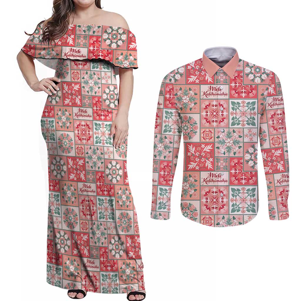 Mele Kalikimaka Hawaii Christmas Couples Matching Off Shoulder Maxi Dress and Long Sleeve Button Shirt Ulaula Seamless Floral Motif LT9 Red - Polynesian Pride