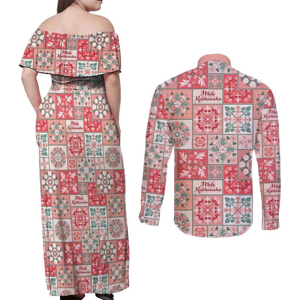 Mele Kalikimaka Hawaii Christmas Couples Matching Off Shoulder Maxi Dress and Long Sleeve Button Shirt Ulaula Seamless Floral Motif LT9 - Polynesian Pride