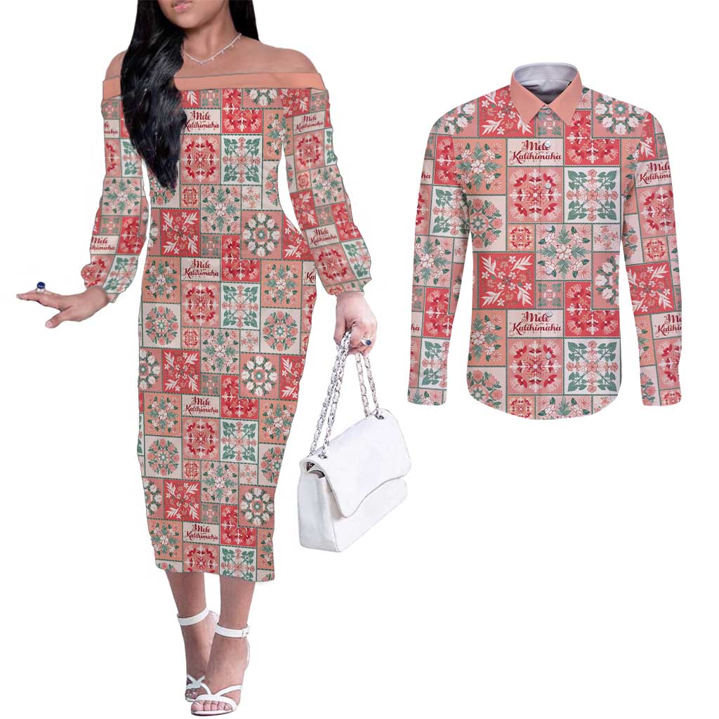 Mele Kalikimaka Hawaii Christmas Couples Matching Off The Shoulder Long Sleeve Dress and Long Sleeve Button Shirt Ulaula Seamless Floral Motif LT9 Red - Polynesian Pride