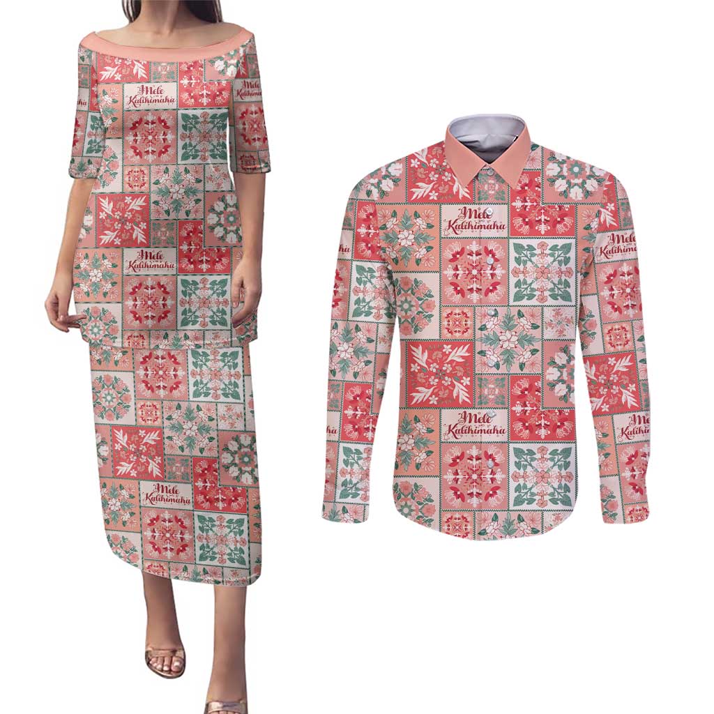 Mele Kalikimaka Hawaii Christmas Couples Matching Puletasi and Long Sleeve Button Shirt Ulaula Seamless Floral Motif LT9 Red - Polynesian Pride