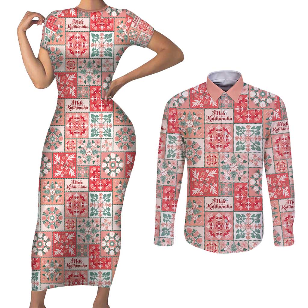 Mele Kalikimaka Hawaii Christmas Couples Matching Short Sleeve Bodycon Dress and Long Sleeve Button Shirt Ulaula Seamless Floral Motif LT9 Red - Polynesian Pride