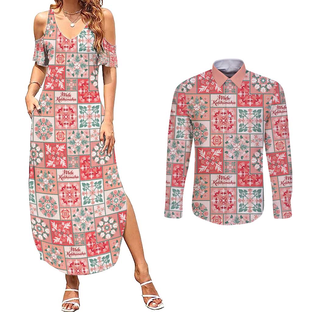 Mele Kalikimaka Hawaii Christmas Couples Matching Summer Maxi Dress and Long Sleeve Button Shirt Ulaula Seamless Floral Motif LT9 Red - Polynesian Pride