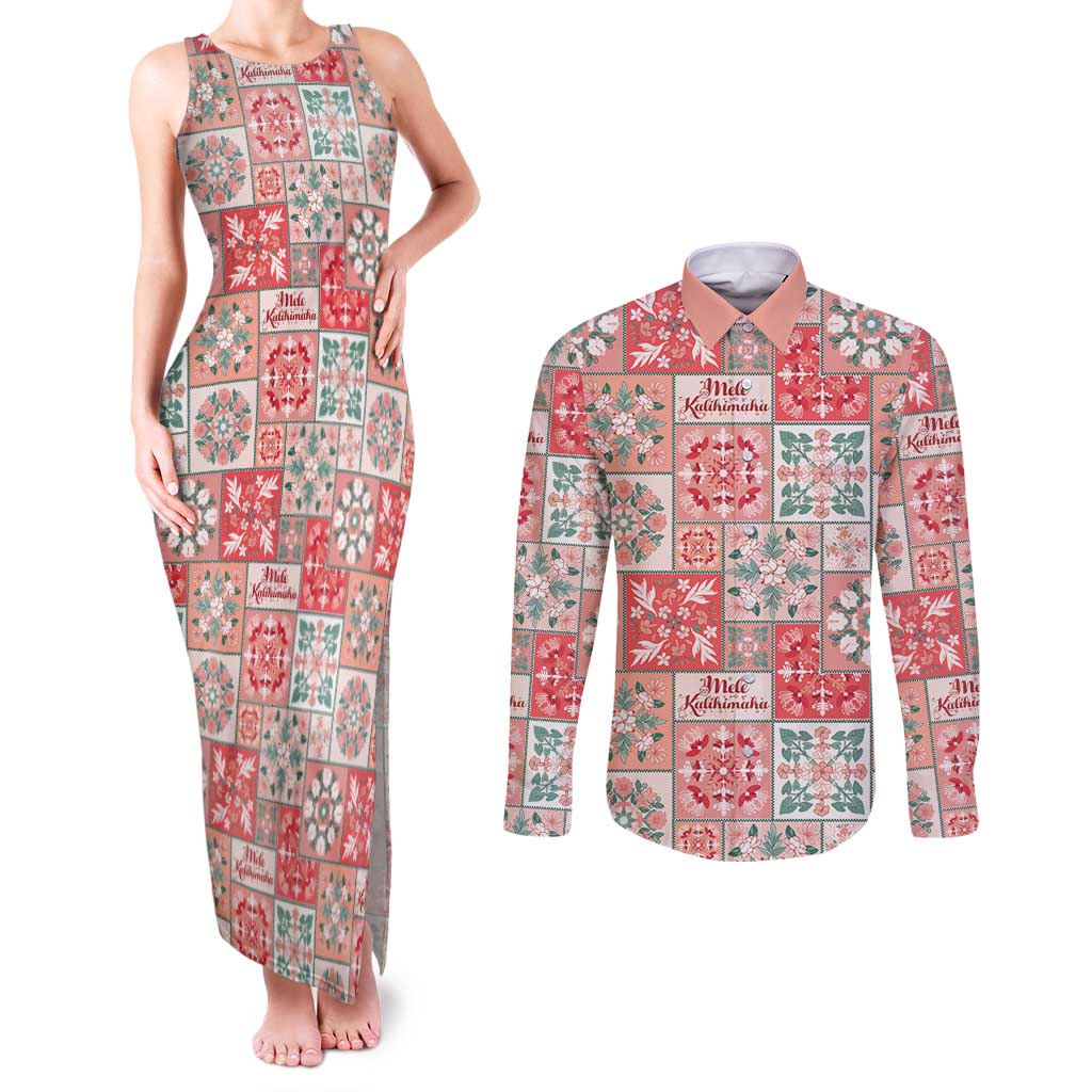 Mele Kalikimaka Hawaii Christmas Couples Matching Tank Maxi Dress and Long Sleeve Button Shirt Ulaula Seamless Floral Motif LT9 Red - Polynesian Pride