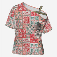 Mele Kalikimaka Hawaii Christmas Cross Shoulder Shirt Ulaula Seamless Floral Motif LT9 Female Red - Polynesian Pride