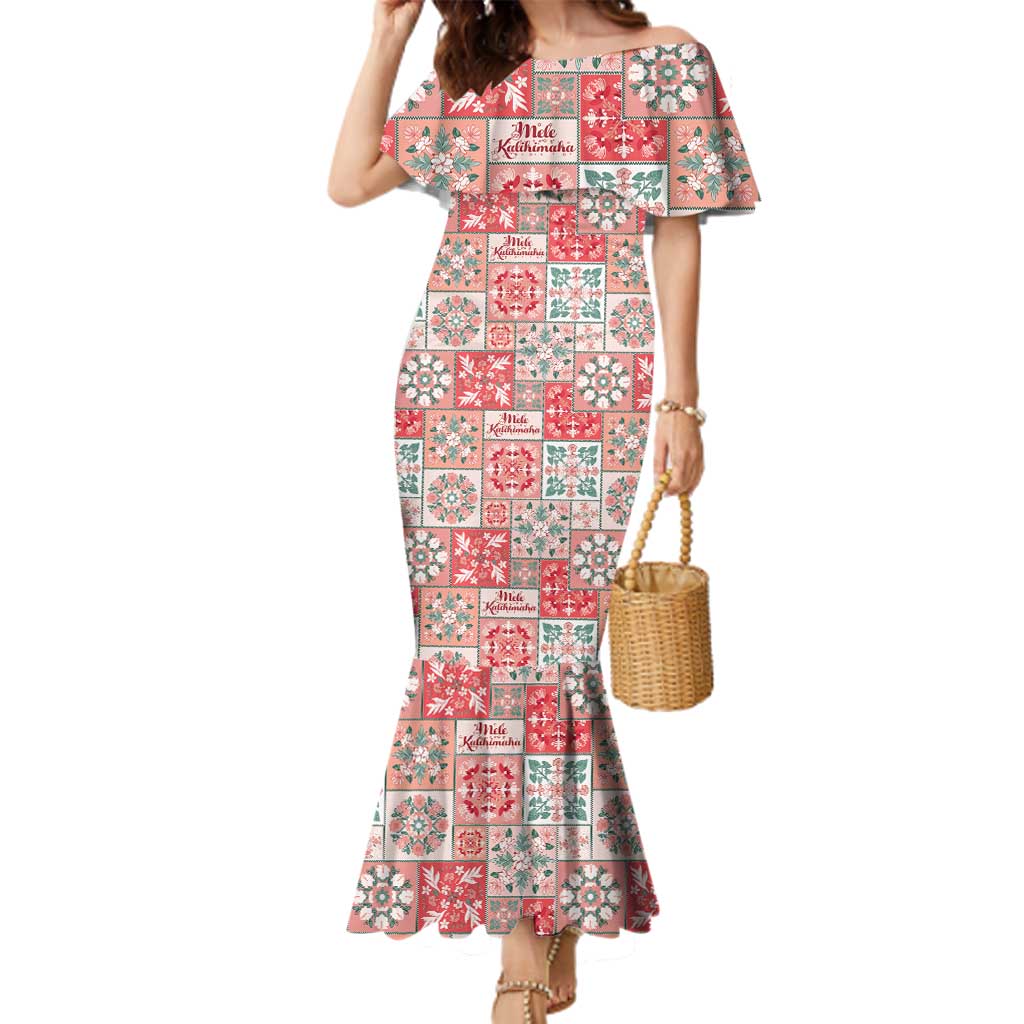 Mele Kalikimaka Hawaii Christmas Family Matching Mermaid Dress and Hawaiian Shirt Ulaula Seamless Floral Motif LT9 Mom's Dress Red - Polynesian Pride