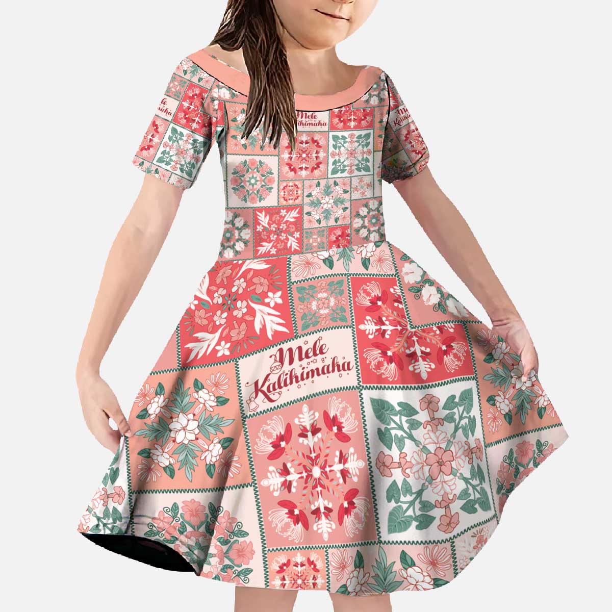 Mele Kalikimaka Hawaii Christmas Family Matching Off The Shoulder Long Sleeve Dress and Hawaiian Shirt Ulaula Seamless Floral Motif LT9 Daughter's Dress Red - Polynesian Pride
