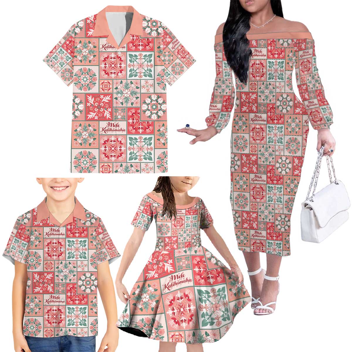 Mele Kalikimaka Hawaii Christmas Family Matching Off The Shoulder Long Sleeve Dress and Hawaiian Shirt Ulaula Seamless Floral Motif LT9 - Polynesian Pride