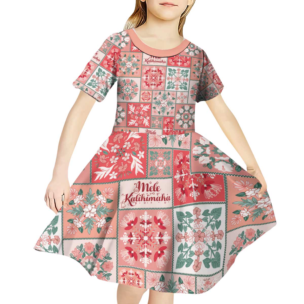 Mele Kalikimaka Hawaii Christmas Kid Short Sleeve Dress Ulaula Seamless Floral Motif LT9 - Polynesian Pride