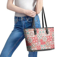 Mele Kalikimaka Hawaii Christmas Leather Tote Bag Ulaula Seamless Floral Motif - Polynesian Pride