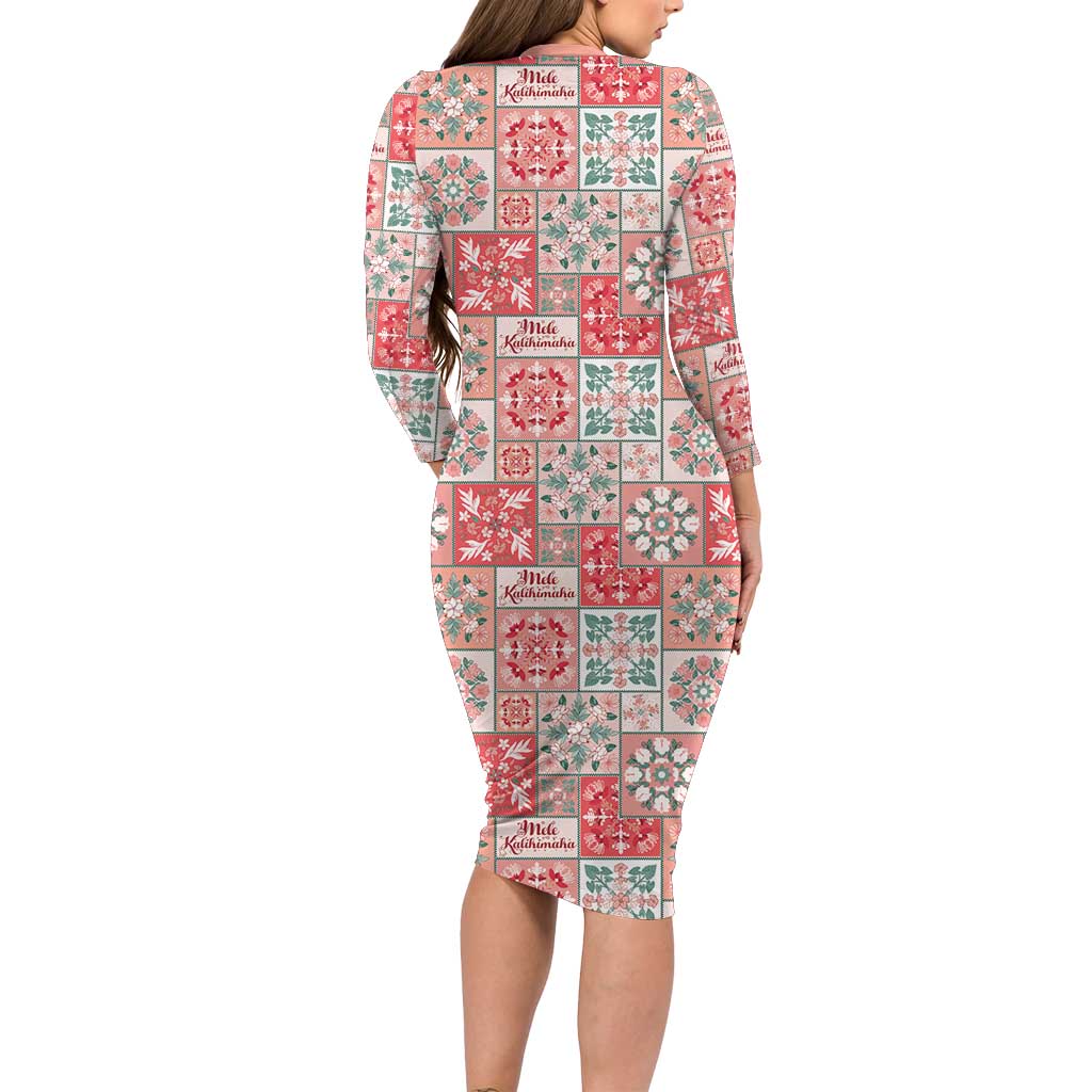 Mele Kalikimaka Hawaii Christmas Long Sleeve Bodycon Dress Ulaula Seamless Floral Motif LT9 - Polynesian Pride
