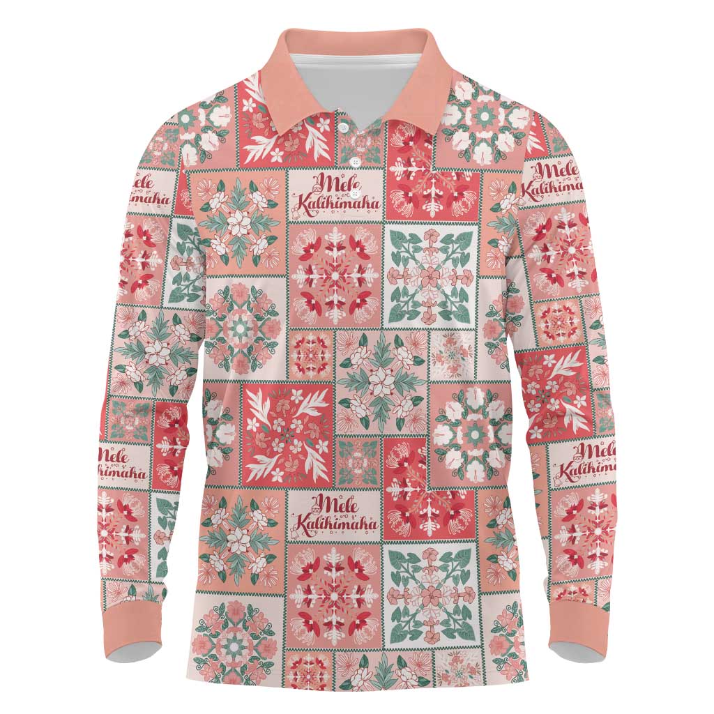 Mele Kalikimaka Hawaii Christmas Long Sleeve Polo Shirt Ulaula Seamless Floral Motif LT9 Red - Polynesian Pride