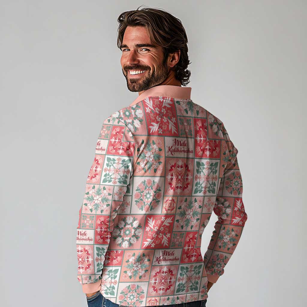 Mele Kalikimaka Hawaii Christmas Long Sleeve Polo Shirt Ulaula Seamless Floral Motif LT9 - Polynesian Pride
