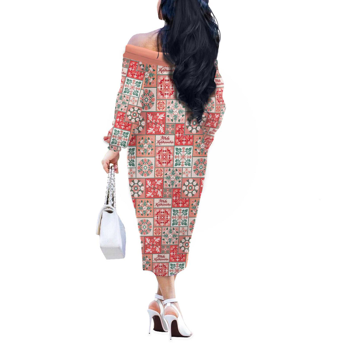 Mele Kalikimaka Hawaii Christmas Off The Shoulder Long Sleeve Dress Ulaula Seamless Floral Motif LT9 - Polynesian Pride