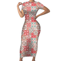 Mele Kalikimaka Hawaii Christmas Short Sleeve Bodycon Dress Ulaula Seamless Floral Motif LT9 Long Dress Red - Polynesian Pride