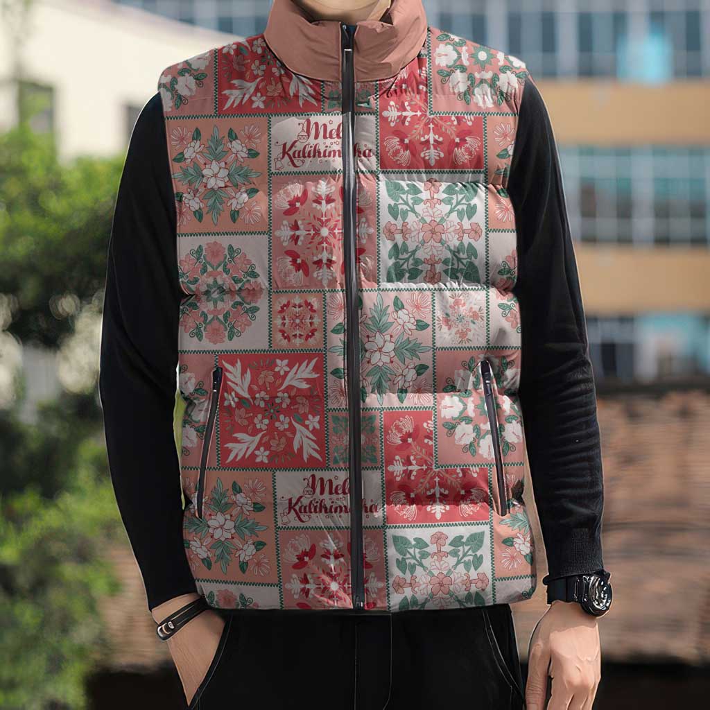 Mele Kalikimaka Hawaii Christmas Sleeveless Puffer Jacket Ulaula Seamless Floral Motif - Polynesian Pride