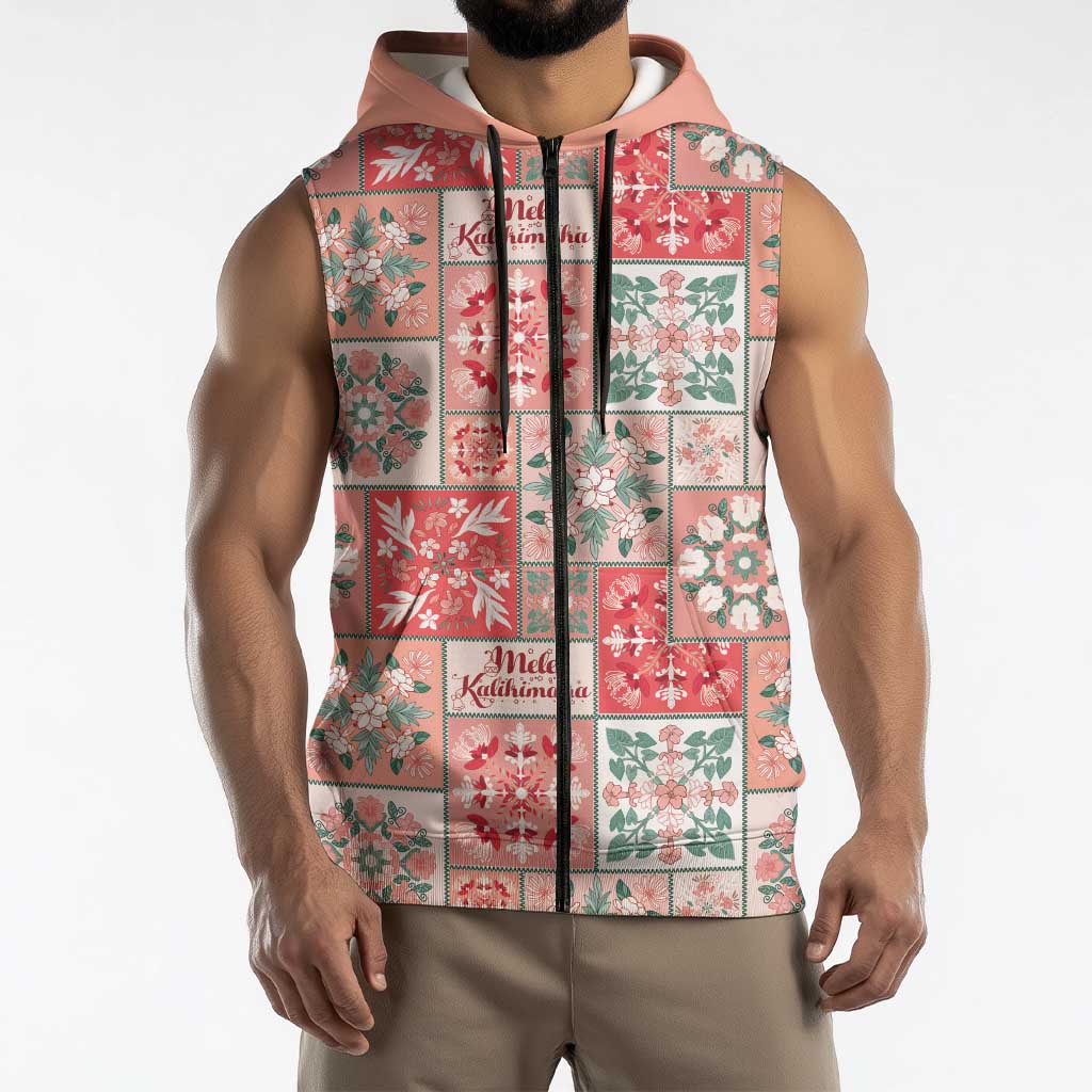 Mele Kalikimaka Hawaii Christmas Sleeveless Zip Hoodie Ulaula Seamless Floral Motif LT9 - Polynesian Pride