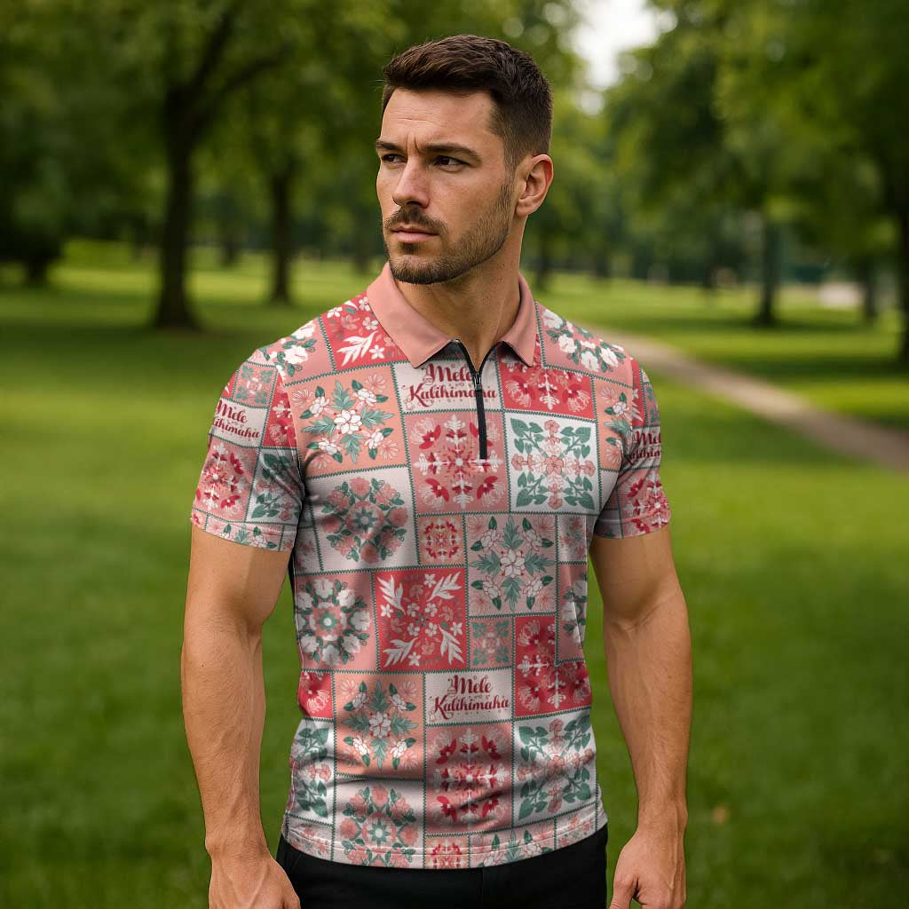 Mele Kalikimaka Hawaii Christmas Zipper Polo Shirt Ulaula Seamless Floral Motif LT9 - Polynesian Pride
