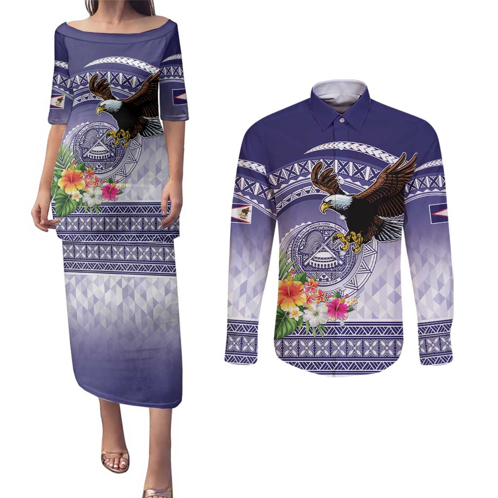 American Samoa Bald Eagle Couples Matching Puletasi and Long Sleeve Button Shirt Polynesian Tropical Flowers LT9 Blue - Polynesian Pride