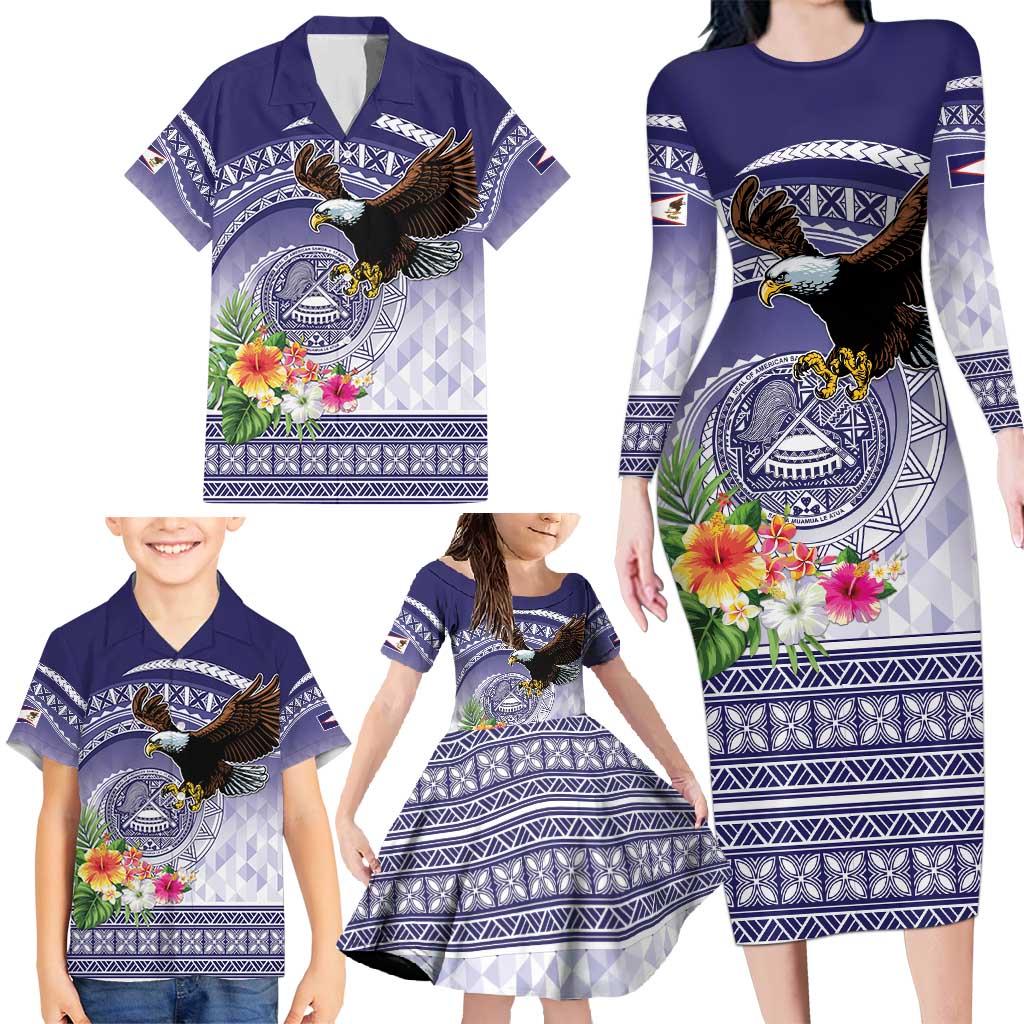 American Samoa Bald Eagle Family Matching Long Sleeve Bodycon Dress and Hawaiian Shirt Polynesian Tropical Flowers LT9 - Polynesian Pride