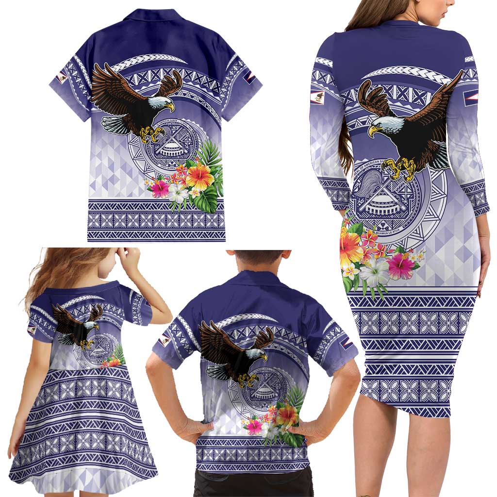 American Samoa Bald Eagle Family Matching Long Sleeve Bodycon Dress and Hawaiian Shirt Polynesian Tropical Flowers LT9 - Polynesian Pride