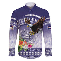 American Samoa Bald Eagle Family Matching Long Sleeve Bodycon Dress and Hawaiian Shirt Polynesian Tropical Flowers LT9 Dad's Shirt - Long Sleeve Blue - Polynesian Pride