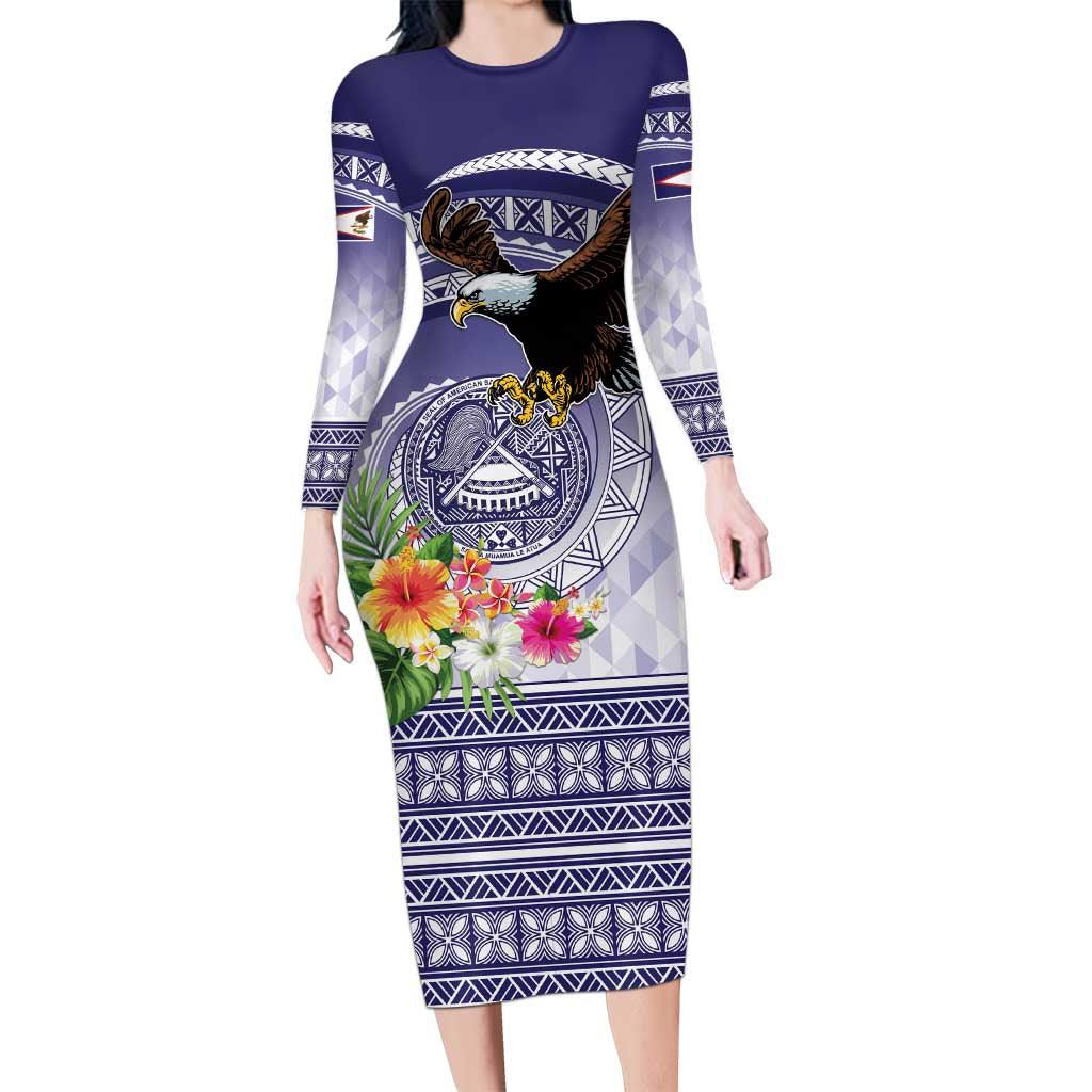 American Samoa Bald Eagle Family Matching Long Sleeve Bodycon Dress and Hawaiian Shirt Polynesian Tropical Flowers LT9 Mom's Dress Blue - Polynesian Pride