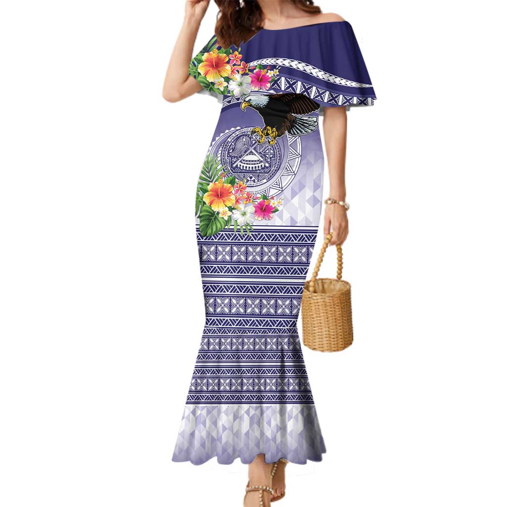 American Samoa Bald Eagle Family Matching Mermaid Dress and Hawaiian Shirt Polynesian Tropical Flowers LT9 Mom's Dress Blue - Polynesian Pride