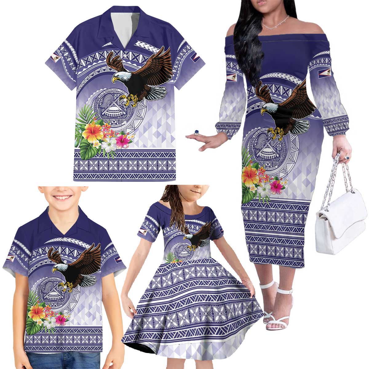 American Samoa Bald Eagle Family Matching Off The Shoulder Long Sleeve Dress and Hawaiian Shirt Polynesian Tropical Flowers LT9 - Polynesian Pride
