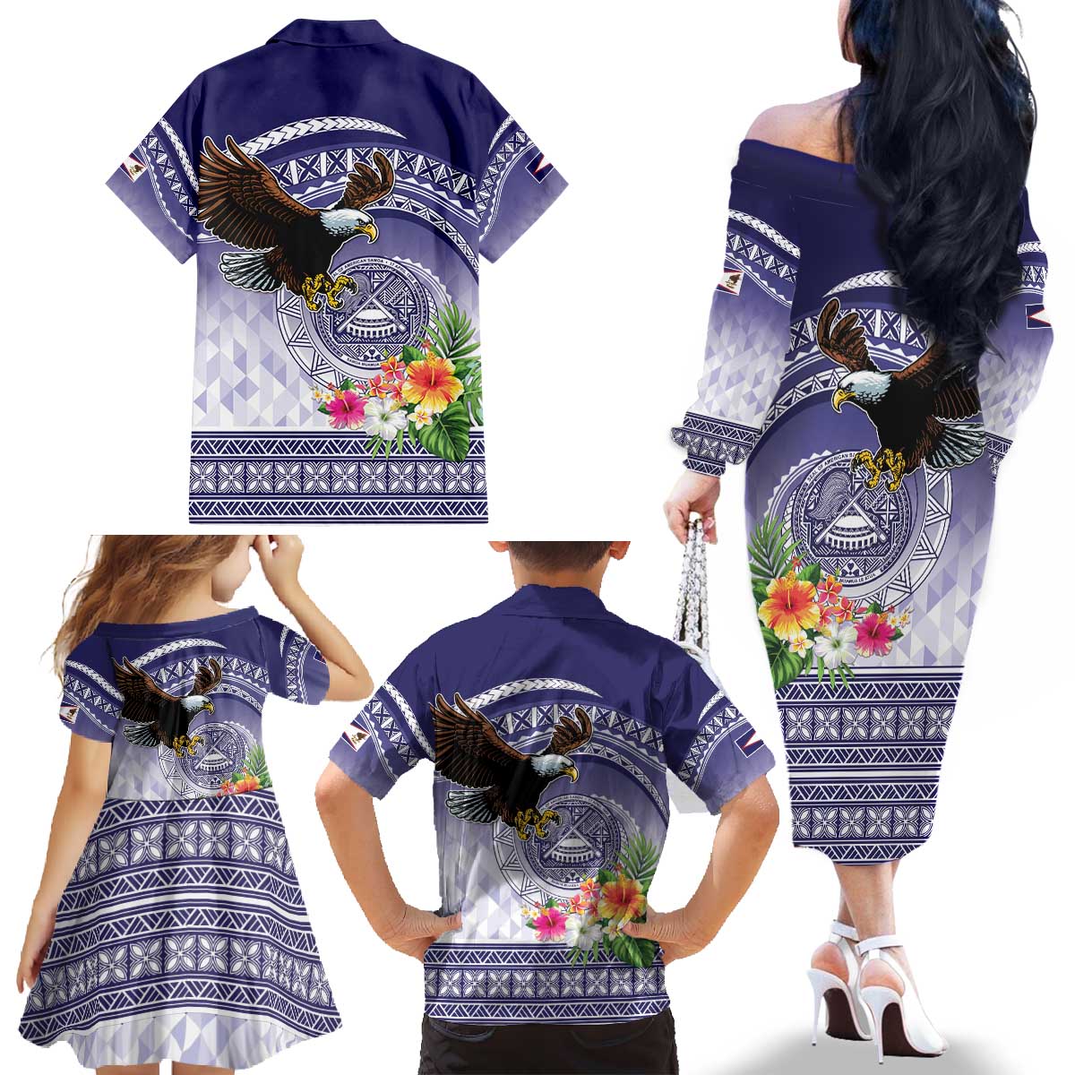 American Samoa Bald Eagle Family Matching Off The Shoulder Long Sleeve Dress and Hawaiian Shirt Polynesian Tropical Flowers LT9 - Polynesian Pride