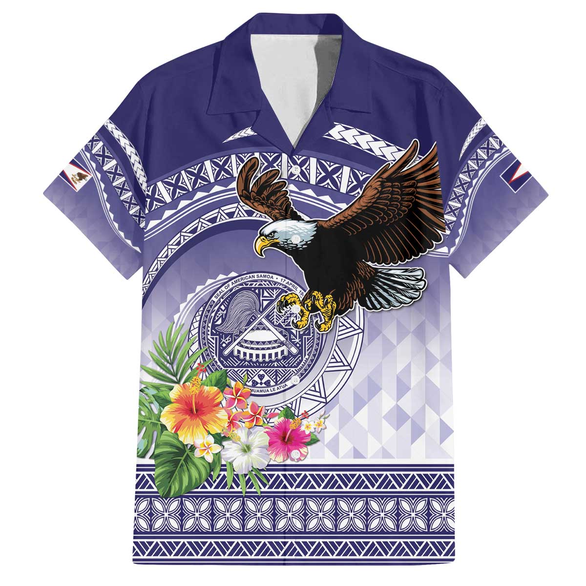 American Samoa Bald Eagle Family Matching Off The Shoulder Long Sleeve Dress and Hawaiian Shirt Polynesian Tropical Flowers LT9 Dad's Shirt - Short Sleeve Blue - Polynesian Pride