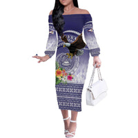 American Samoa Bald Eagle Family Matching Off The Shoulder Long Sleeve Dress and Hawaiian Shirt Polynesian Tropical Flowers LT9 Mom's Dress Blue - Polynesian Pride