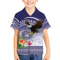 American Samoa Bald Eagle Family Matching Off The Shoulder Long Sleeve Dress and Hawaiian Shirt Polynesian Tropical Flowers LT9 Son's Shirt Blue - Polynesian Pride