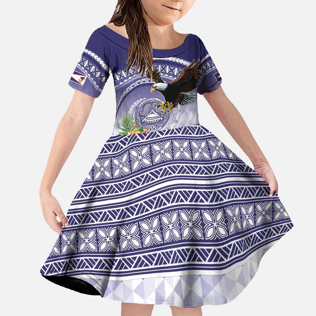 American Samoa Bald Eagle Family Matching Off Shoulder Maxi Dress and Hawaiian Shirt Polynesian Tropical Flowers LT9 Daughter's Dress Blue - Polynesian Pride