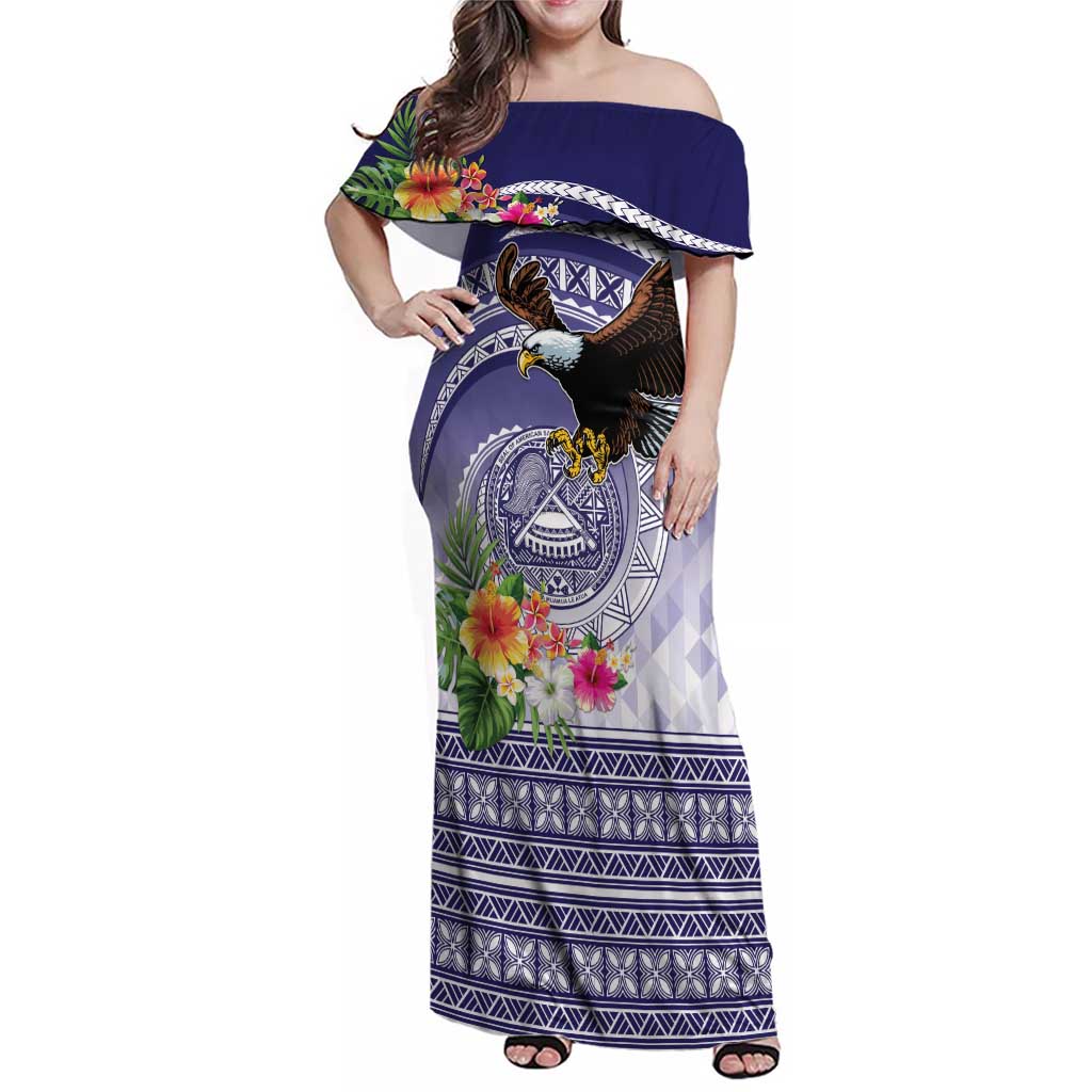 American Samoa Bald Eagle Family Matching Off Shoulder Maxi Dress and Hawaiian Shirt Polynesian Tropical Flowers LT9 Mom's Dress Blue - Polynesian Pride