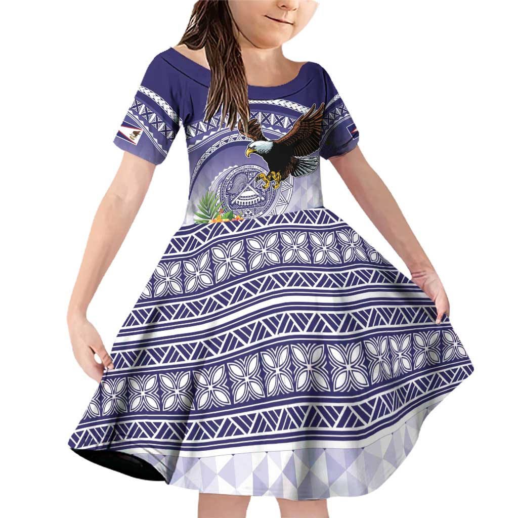 American Samoa Bald Eagle Family Matching Off Shoulder Short Dress and Hawaiian Shirt Polynesian Tropical Flowers LT9 Daughter's Dress Blue - Polynesian Pride