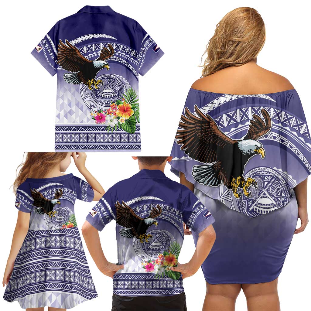 American Samoa Bald Eagle Family Matching Off Shoulder Short Dress and Hawaiian Shirt Polynesian Tropical Flowers LT9 - Polynesian Pride