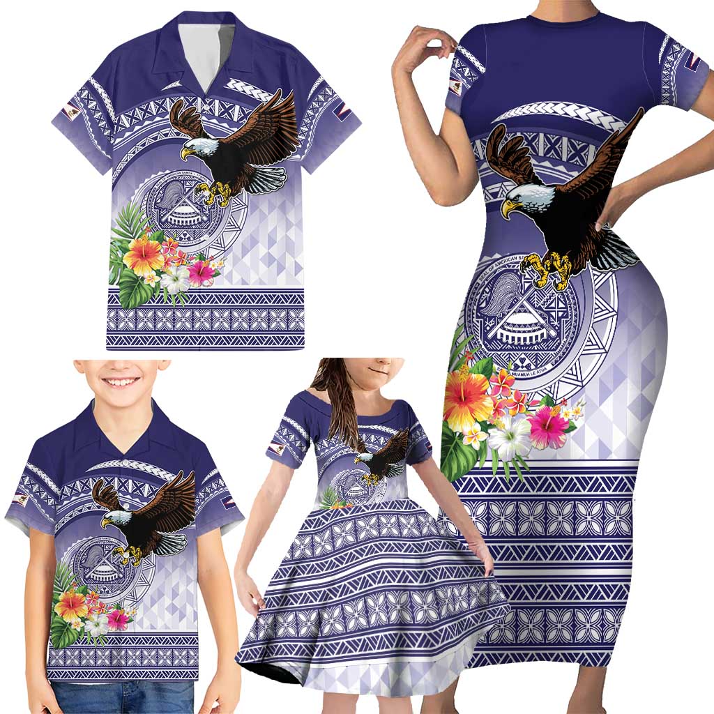 American Samoa Bald Eagle Family Matching Short Sleeve Bodycon Dress and Hawaiian Shirt Polynesian Tropical Flowers LT9 - Polynesian Pride