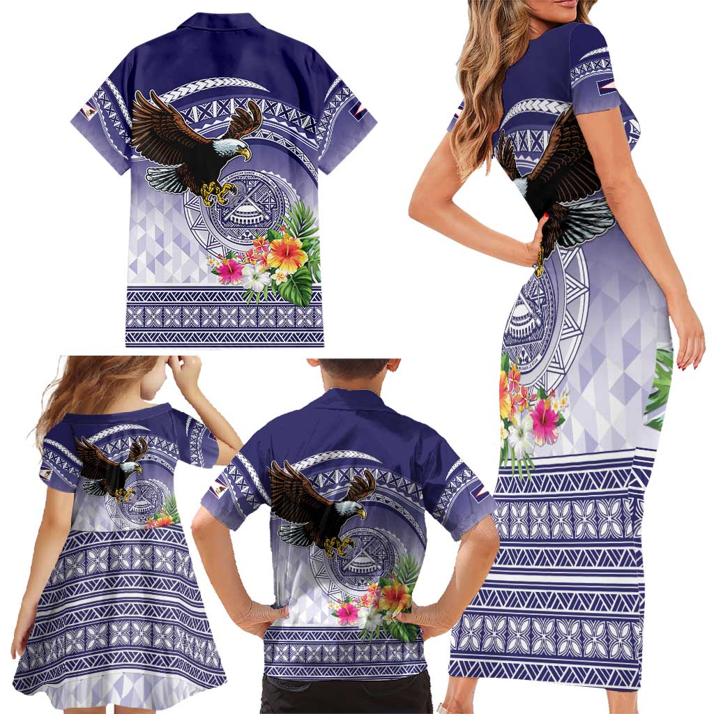 American Samoa Bald Eagle Family Matching Short Sleeve Bodycon Dress and Hawaiian Shirt Polynesian Tropical Flowers LT9 - Polynesian Pride