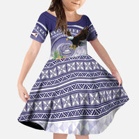 American Samoa Bald Eagle Family Matching Summer Maxi Dress and Hawaiian Shirt Polynesian Tropical Flowers LT9 Daughter's Dress Blue - Polynesian Pride