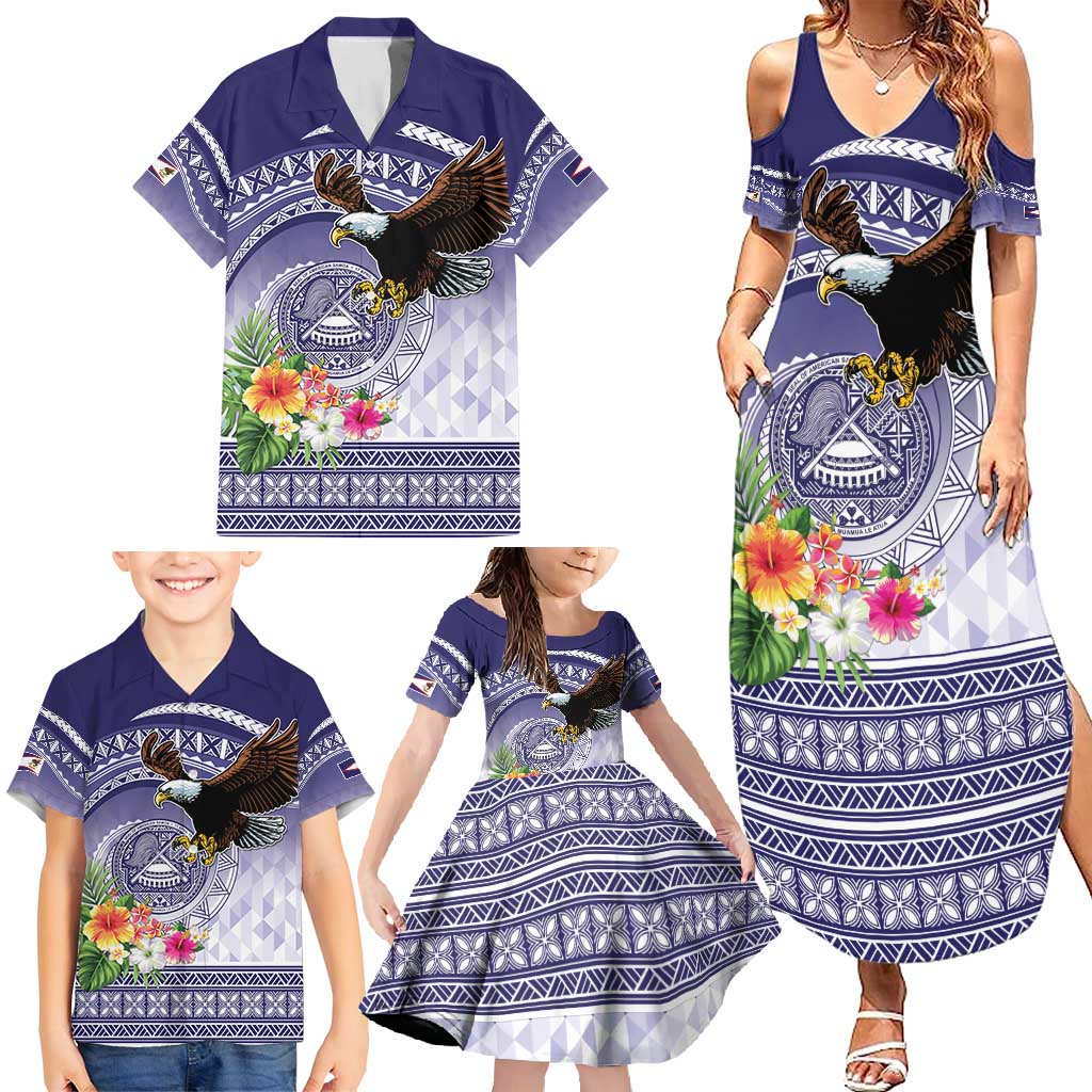 American Samoa Bald Eagle Family Matching Summer Maxi Dress and Hawaiian Shirt Polynesian Tropical Flowers LT9 - Polynesian Pride