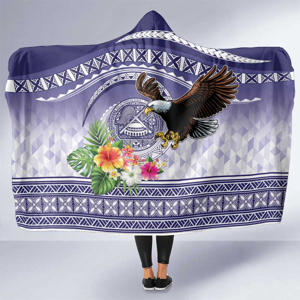 American Samoa Bald Eagle Hooded Blanket Polynesian Tropical Flowers LT9 One Size Blue - Polynesian Pride