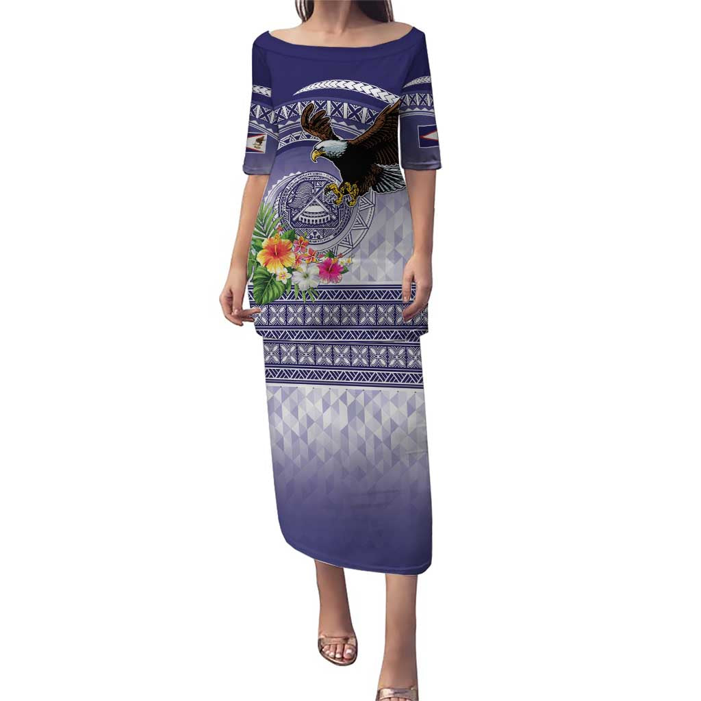 American Samoa Bald Eagle Puletasi Polynesian Tropical Flowers LT9 Long Dress Blue - Polynesian Pride