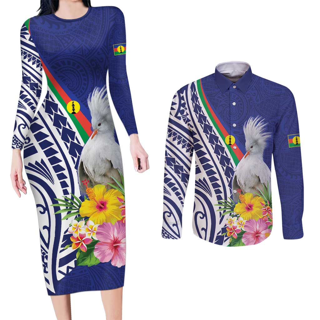 New Caledonia Kagu Bird Couples Matching Long Sleeve Bodycon Dress and Long Sleeve Button Shirt Polynesian Tropical Flowers LT9 Blue - Polynesian Pride