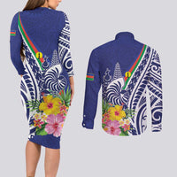 New Caledonia Kagu Bird Couples Matching Long Sleeve Bodycon Dress and Long Sleeve Button Shirt Polynesian Tropical Flowers LT9 - Polynesian Pride