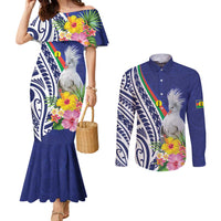 New Caledonia Kagu Bird Couples Matching Mermaid Dress and Long Sleeve Button Shirt Polynesian Tropical Flowers LT9 Blue - Polynesian Pride