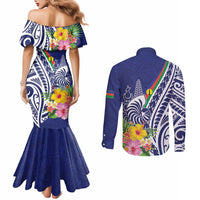 New Caledonia Kagu Bird Couples Matching Mermaid Dress and Long Sleeve Button Shirt Polynesian Tropical Flowers LT9 - Polynesian Pride